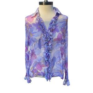 Y2K Silk Floral Butterfly Ruffle Blouse Purple Pink Size Small